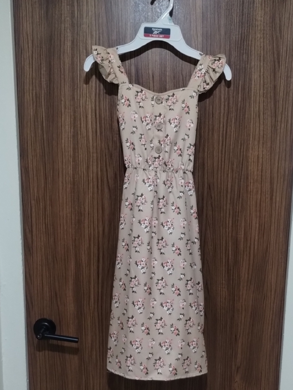 Girls' Beige Floral Ruffle-Shoulder Midi Dress
